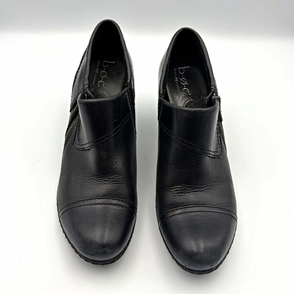 b.o.c Black Leather Ankle Bootie Block Heel Round Toe Side Zip Size 8